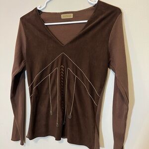 Y2K Fairycore Boho Brown Granola Velvet Dark Academia Long V-Neck Top Medium